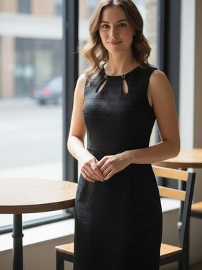 Milly of New York Black Sleeveless Jacquard Sheath Dress with Keyhole Accents